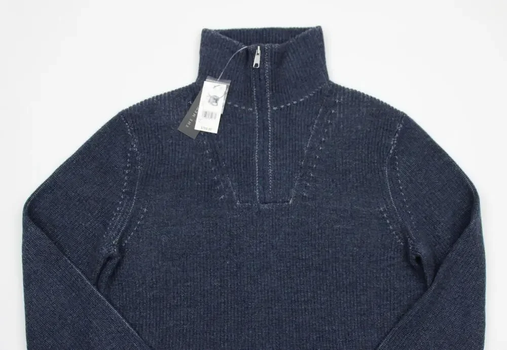 The Mens Store Bloomingdales Sweater Mens L Blue Merino Wool Quarter Zip Mock